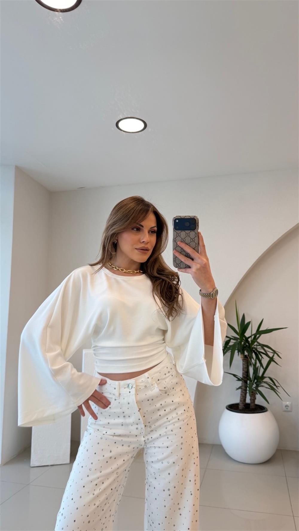 BEL OTURTMALI BEYAZ MODAL BLUZ