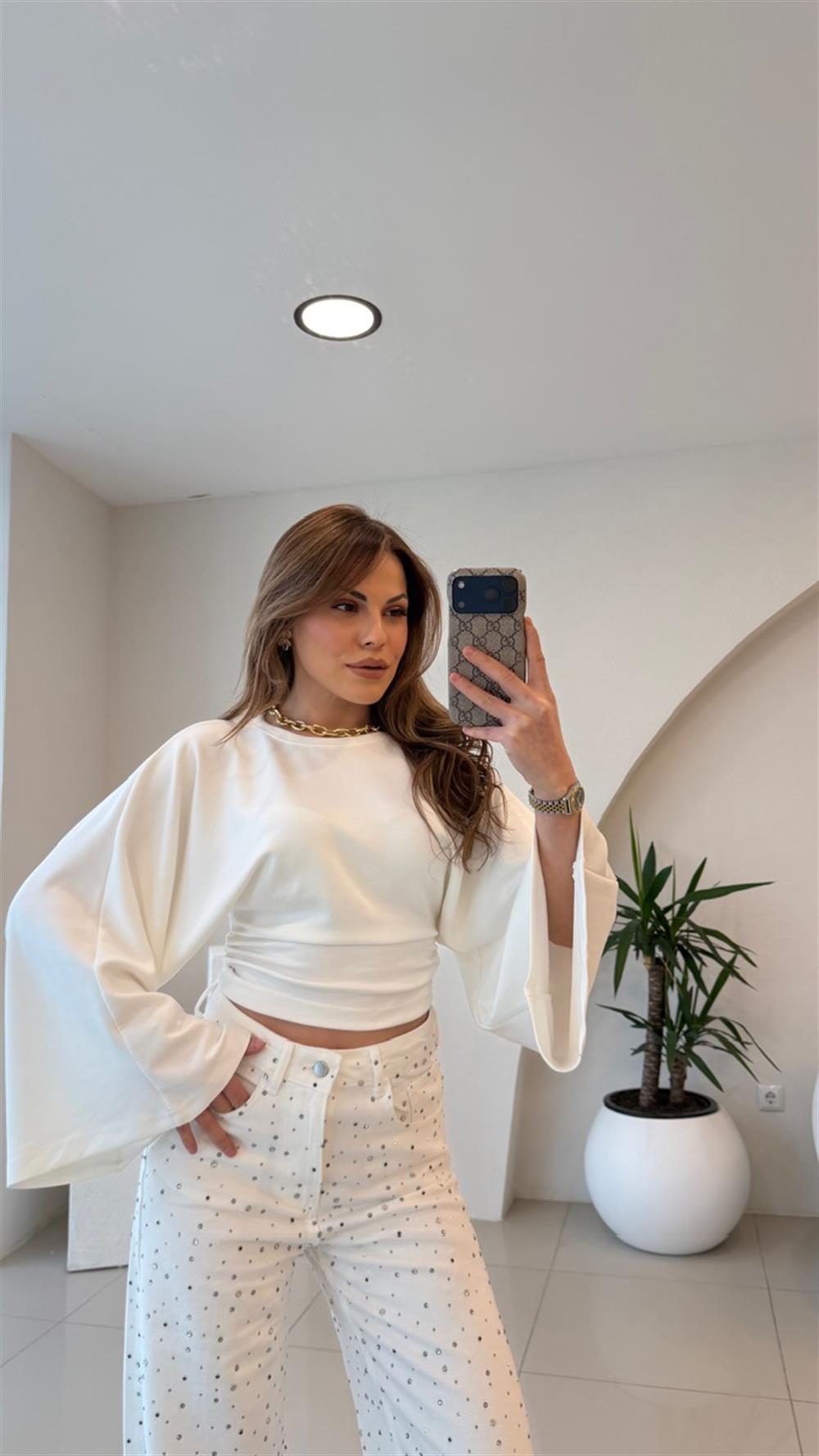 BEL OTURTMALI BEYAZ MODAL BLUZ