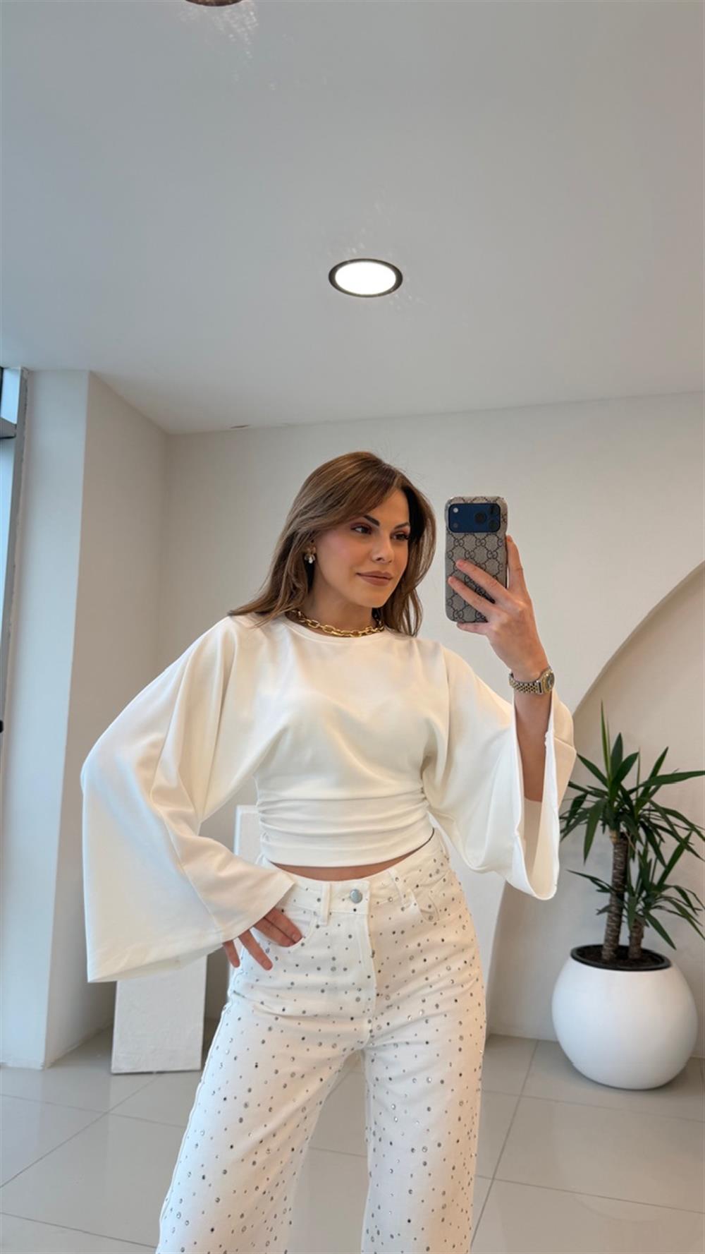 BEL OTURTMALI BEYAZ MODAL BLUZ