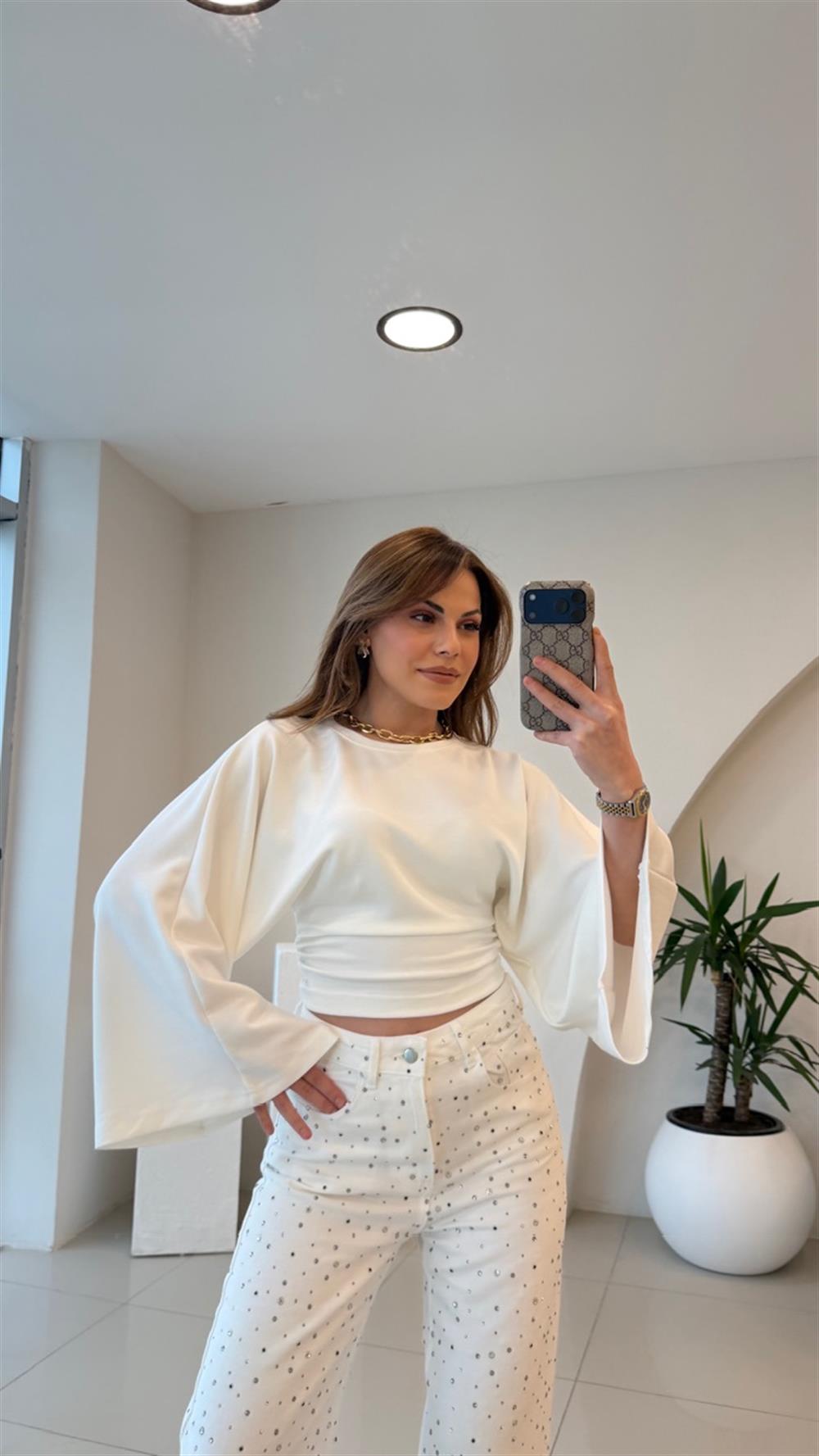 BEL OTURTMALI BEYAZ MODAL BLUZ