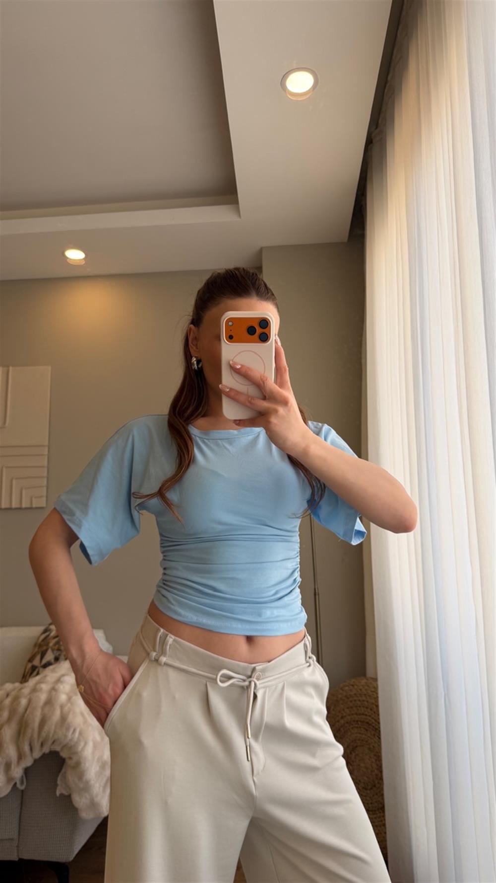 Bel Oturtmalı Bluz Mavi