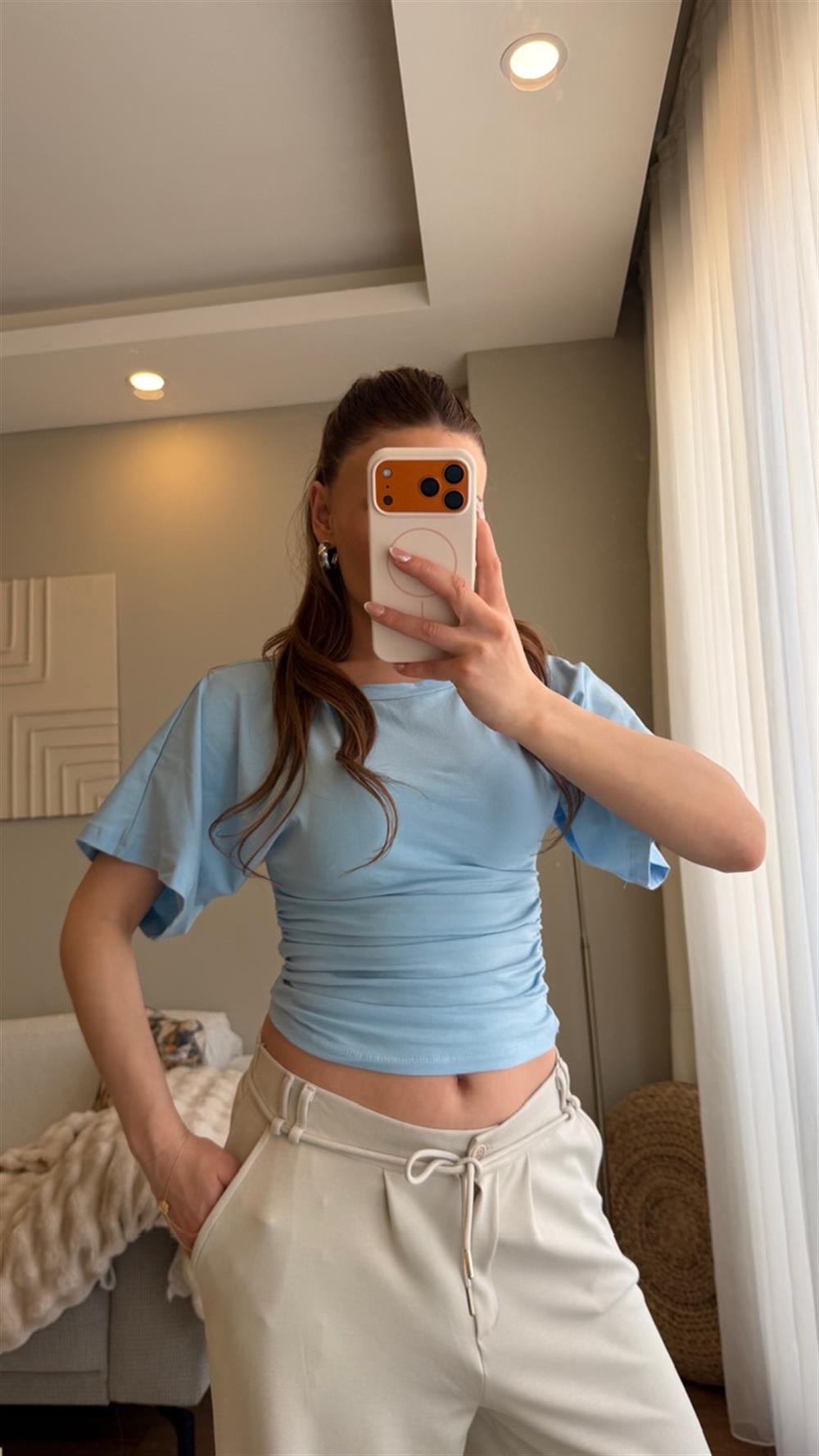 Bel Oturtmalı Bluz Mavi