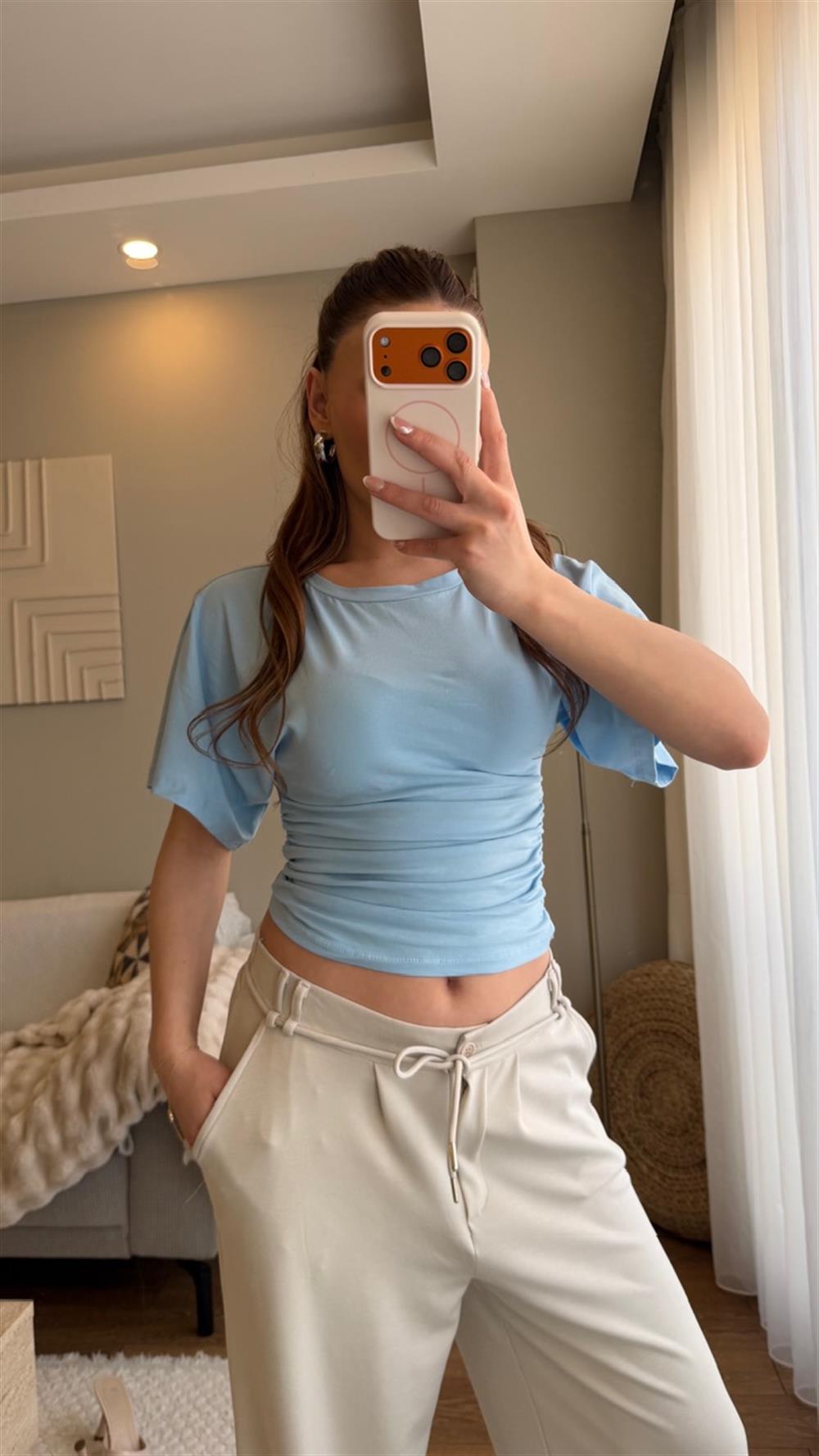 Bel Oturtmalı Bluz Mavi