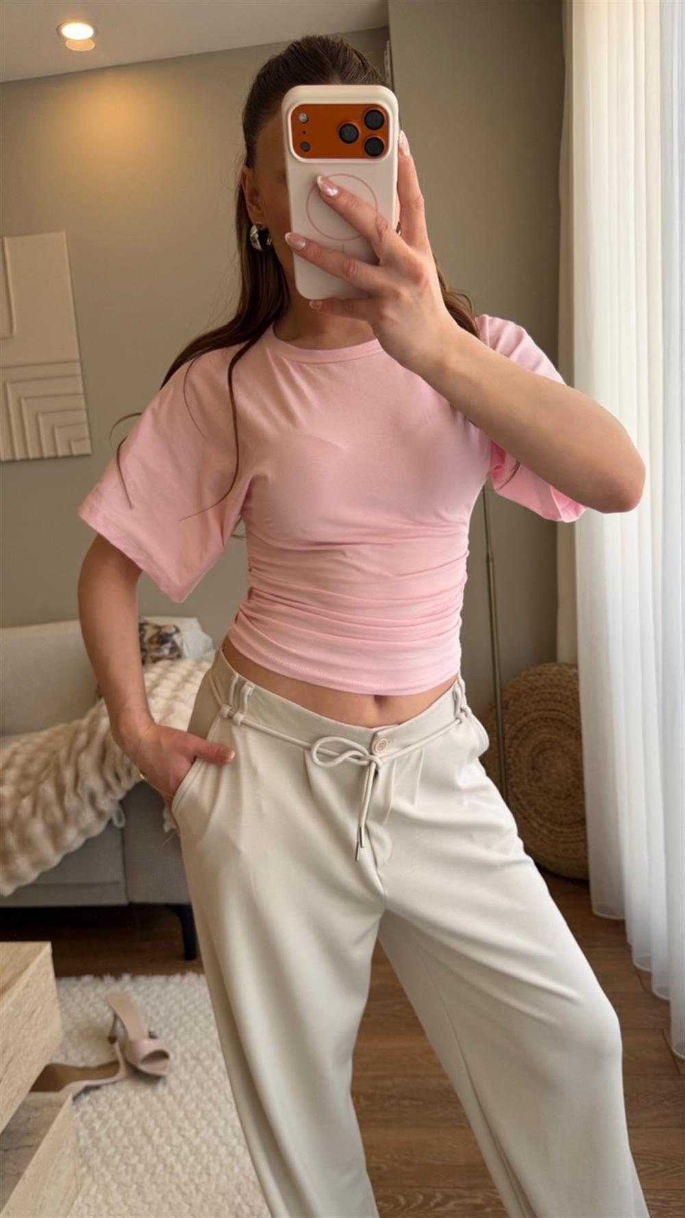 Bel Oturtmalı Bluz Pembe