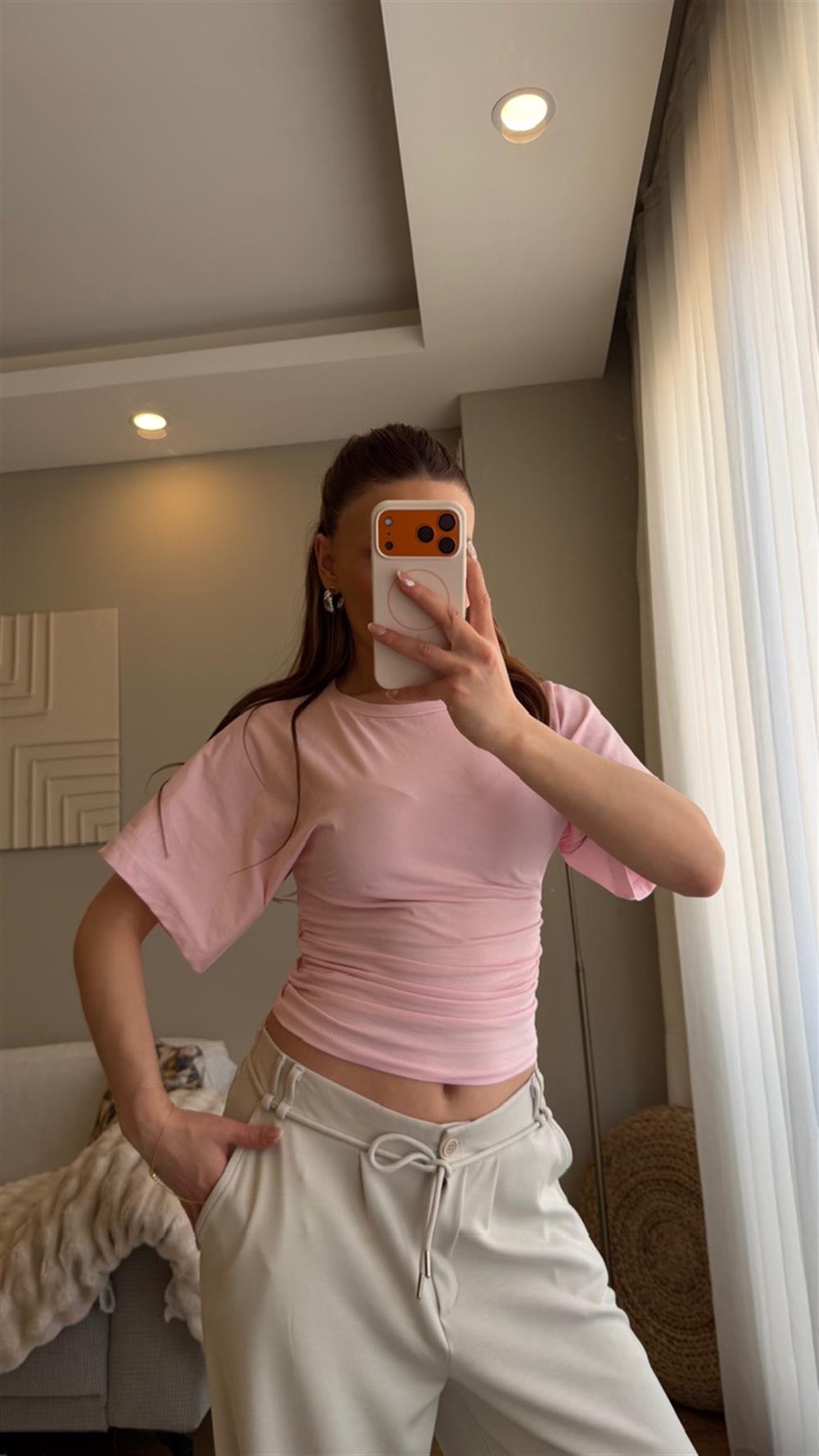 Bel Oturtmalı Bluz Pembe