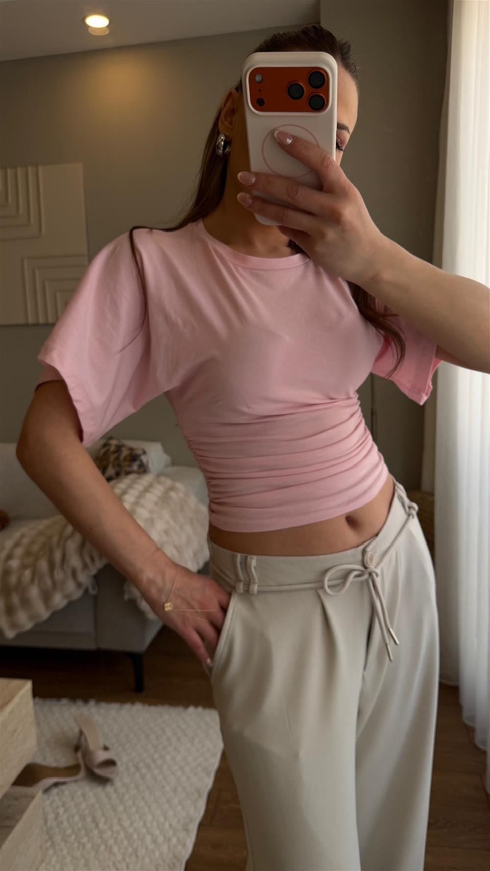 Bel Oturtmalı Bluz Pembe