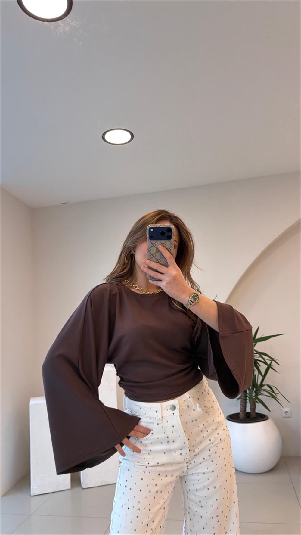 BEL OTURTMALI KAHVE MODAL BLUZ