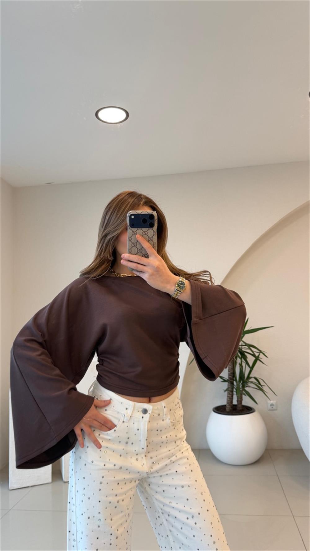 BEL OTURTMALI KAHVE MODAL BLUZ