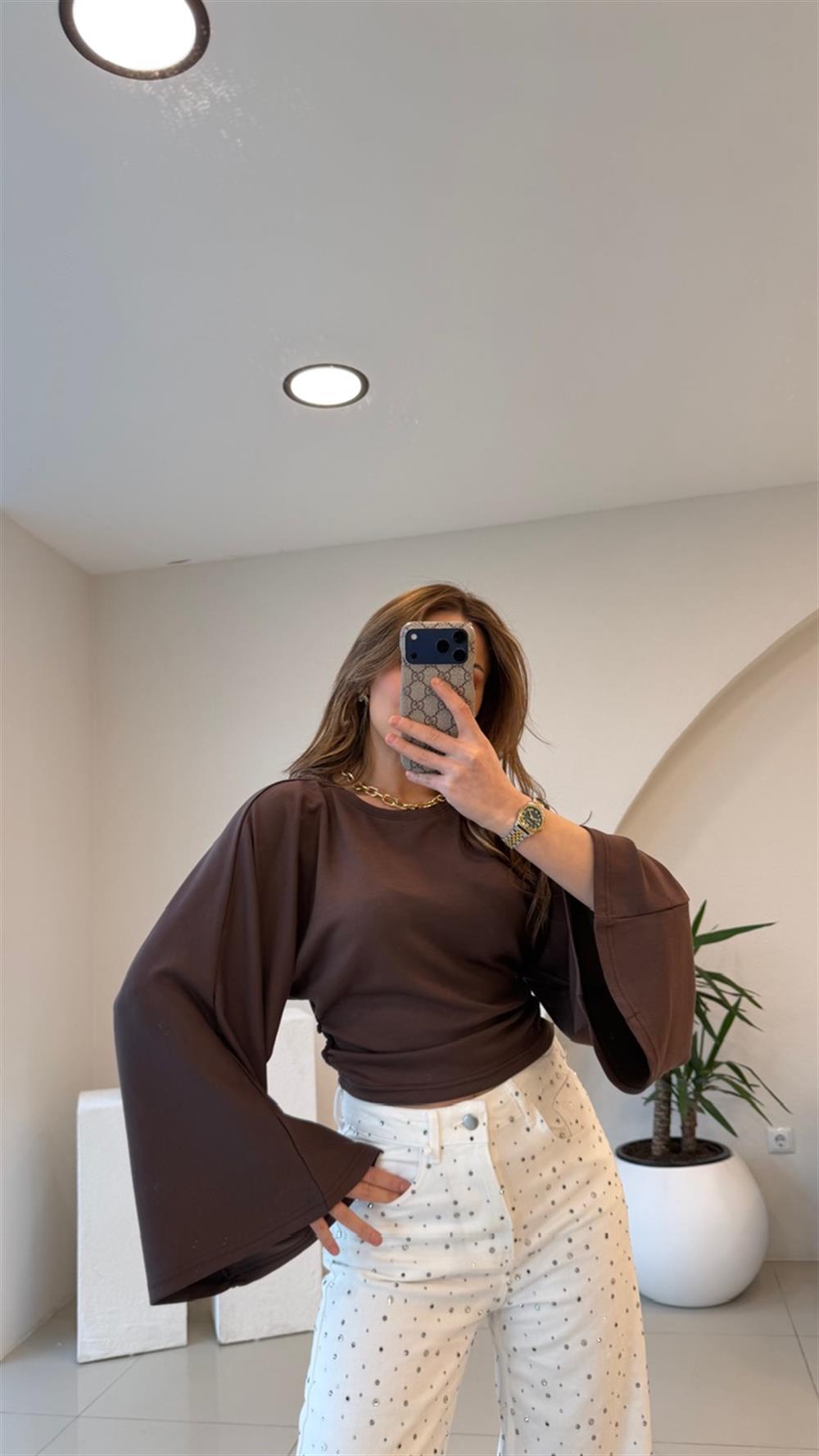 BEL OTURTMALI KAHVE MODAL BLUZ