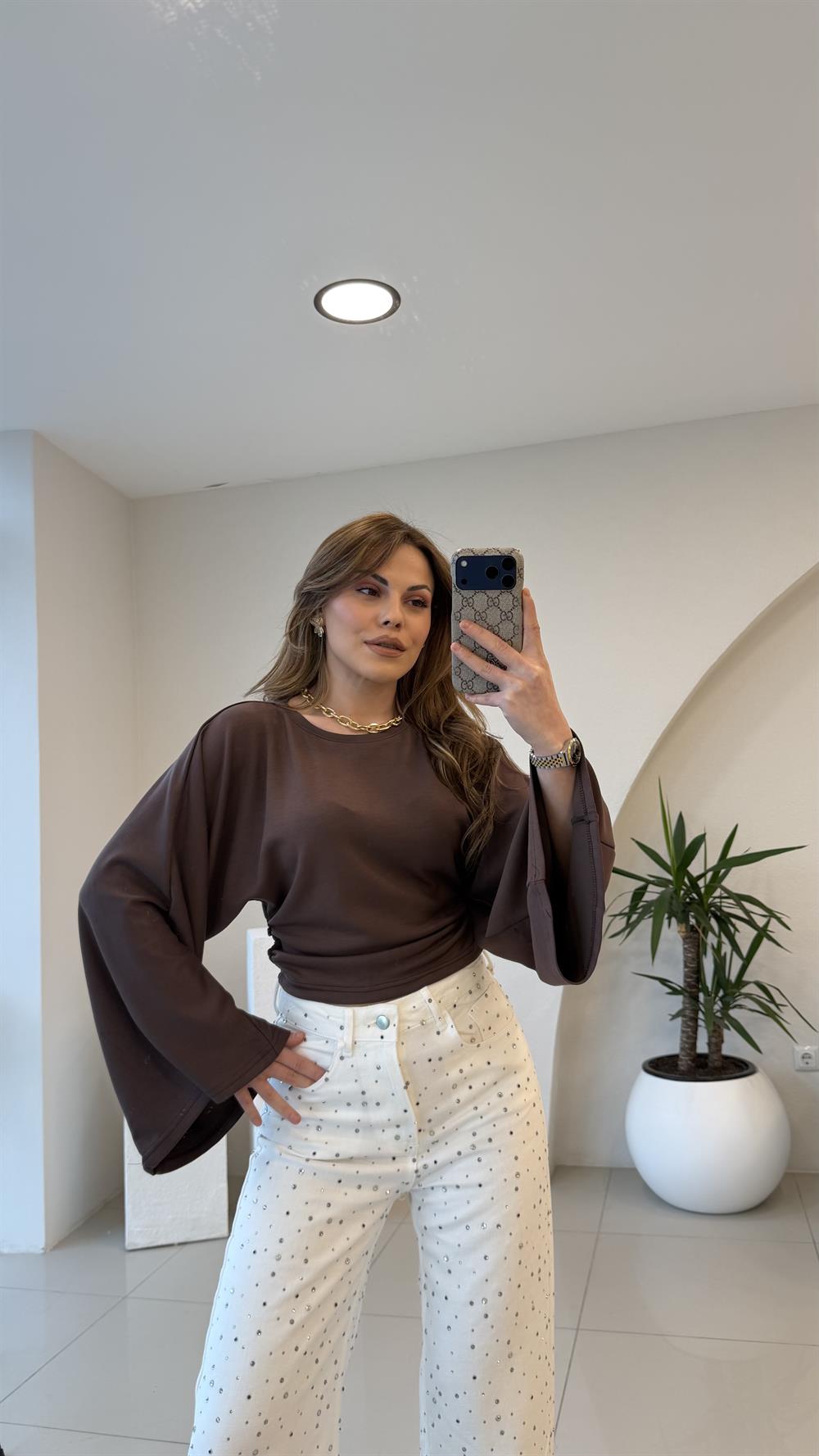 BEL OTURTMALI KAHVE MODAL BLUZ