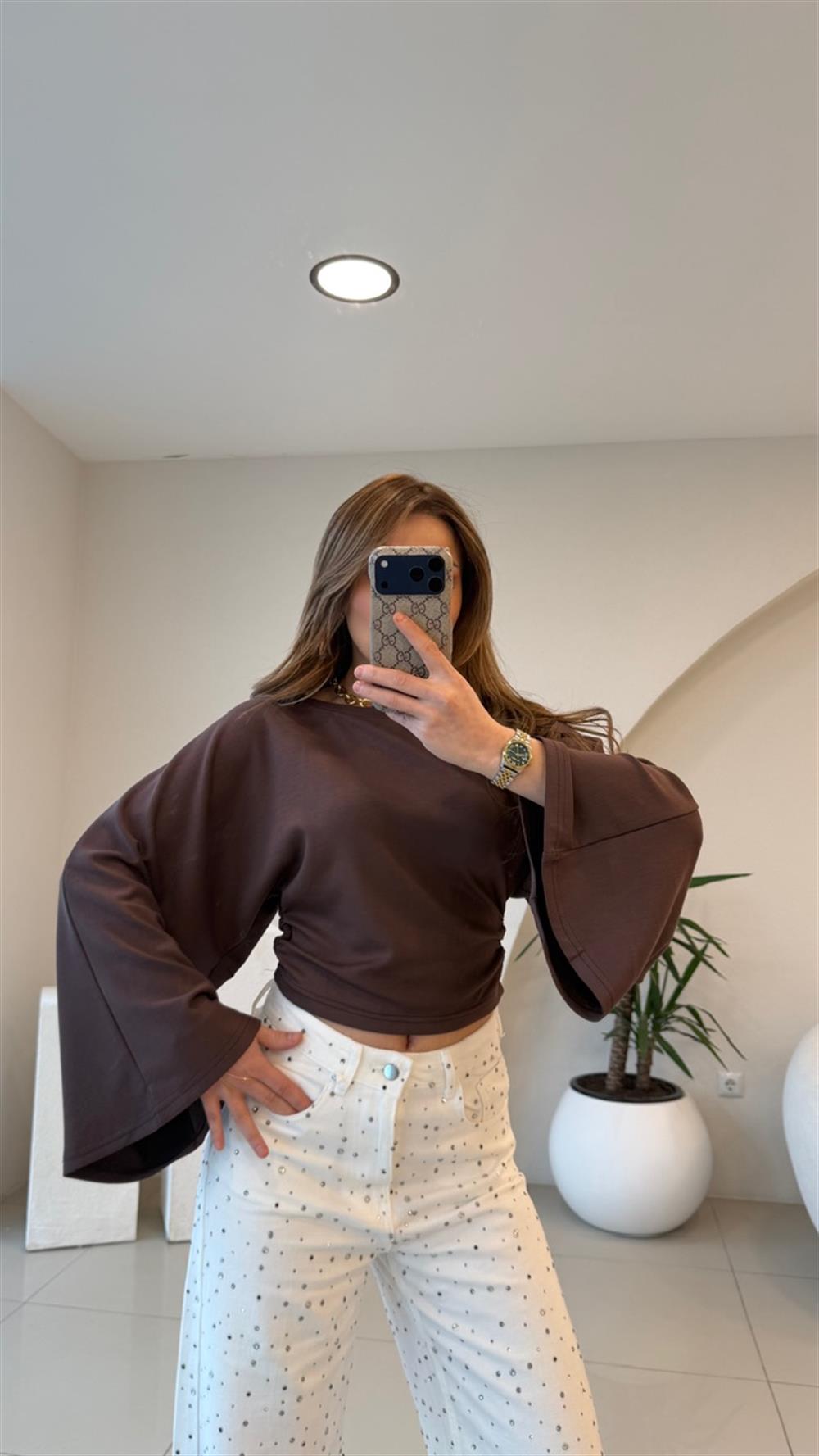 BEL OTURTMALI KAHVE MODAL BLUZ