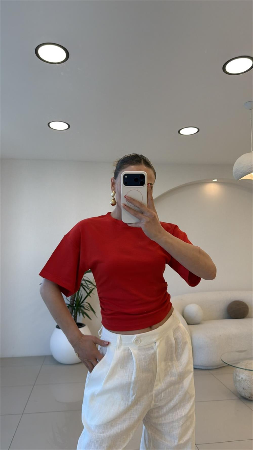 BEL OTURTMALI KISA KOL TSHIRT KIRMIZI