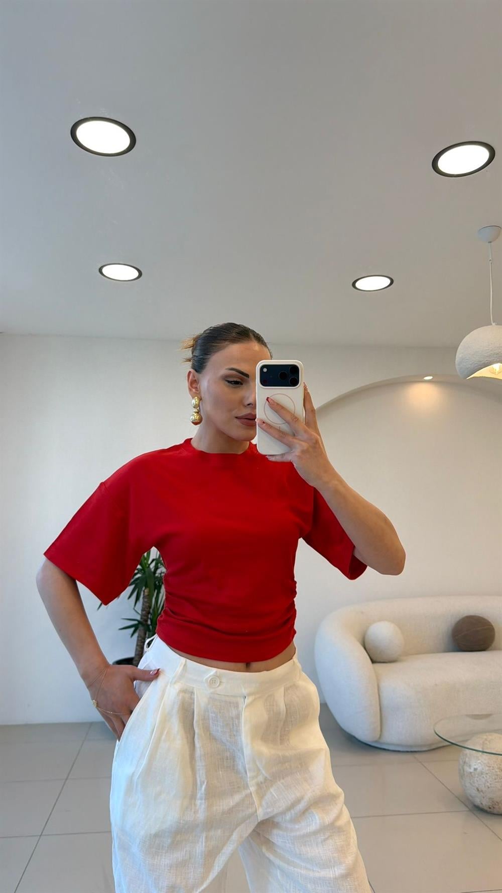 BEL OTURTMALI KISA KOL TSHIRT KIRMIZI