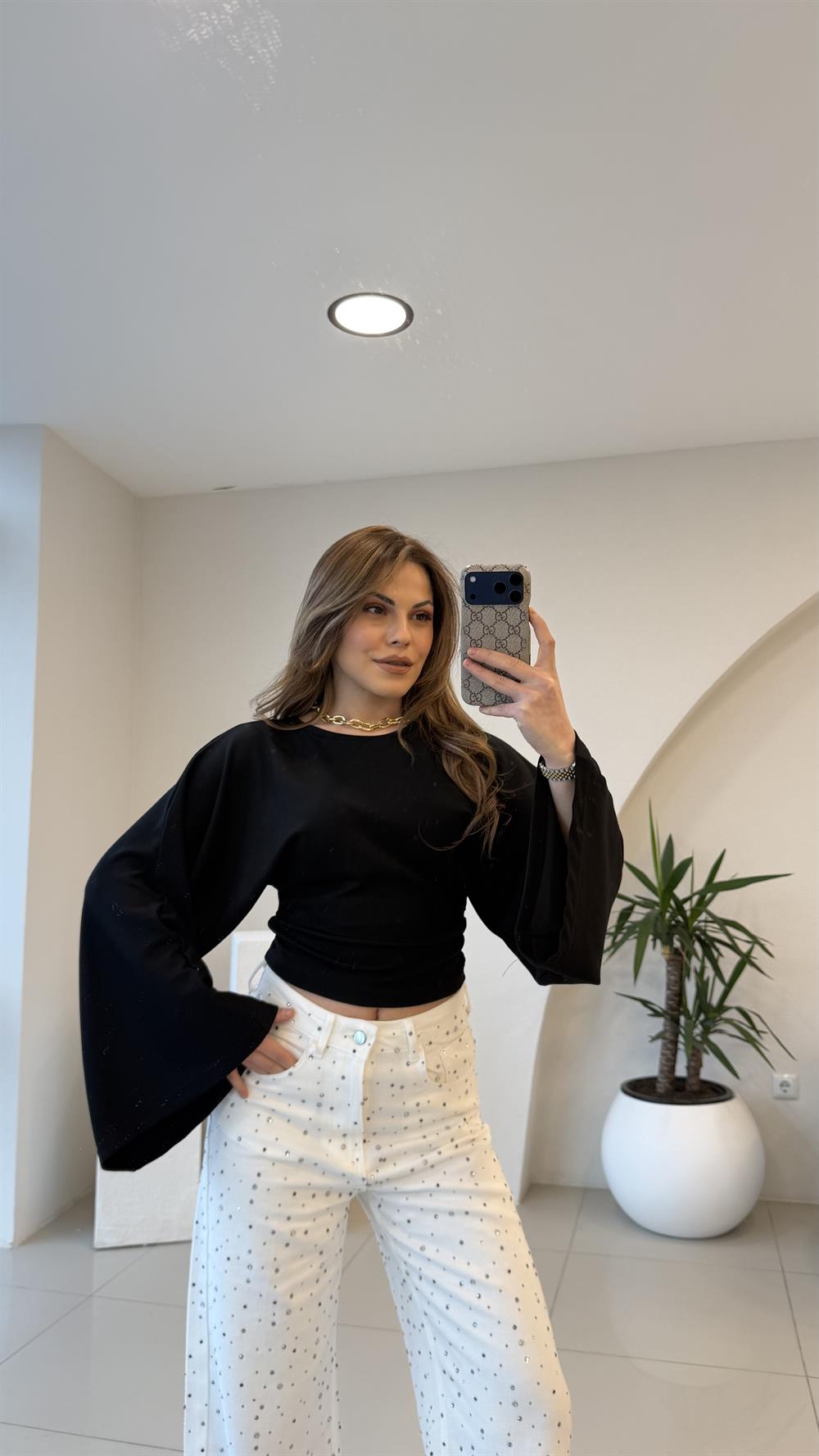 BEL OTURTMALI SİYAH MODAL BLUZ 