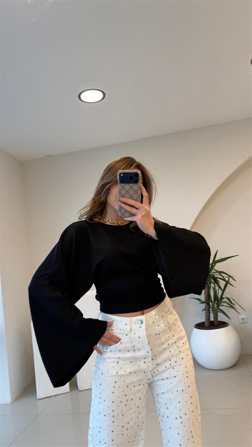 BEL OTURTMALI SİYAH MODAL BLUZ 