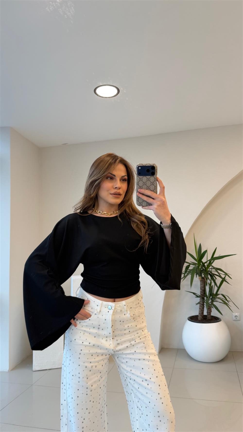 BEL OTURTMALI SİYAH MODAL BLUZ 