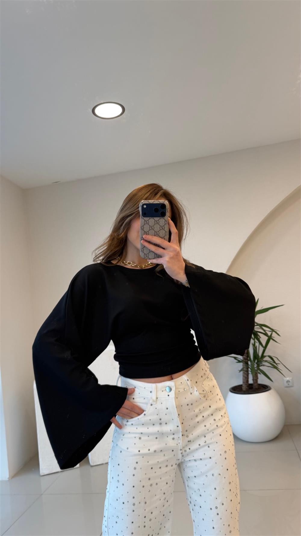 BEL OTURTMALI SİYAH MODAL BLUZ 