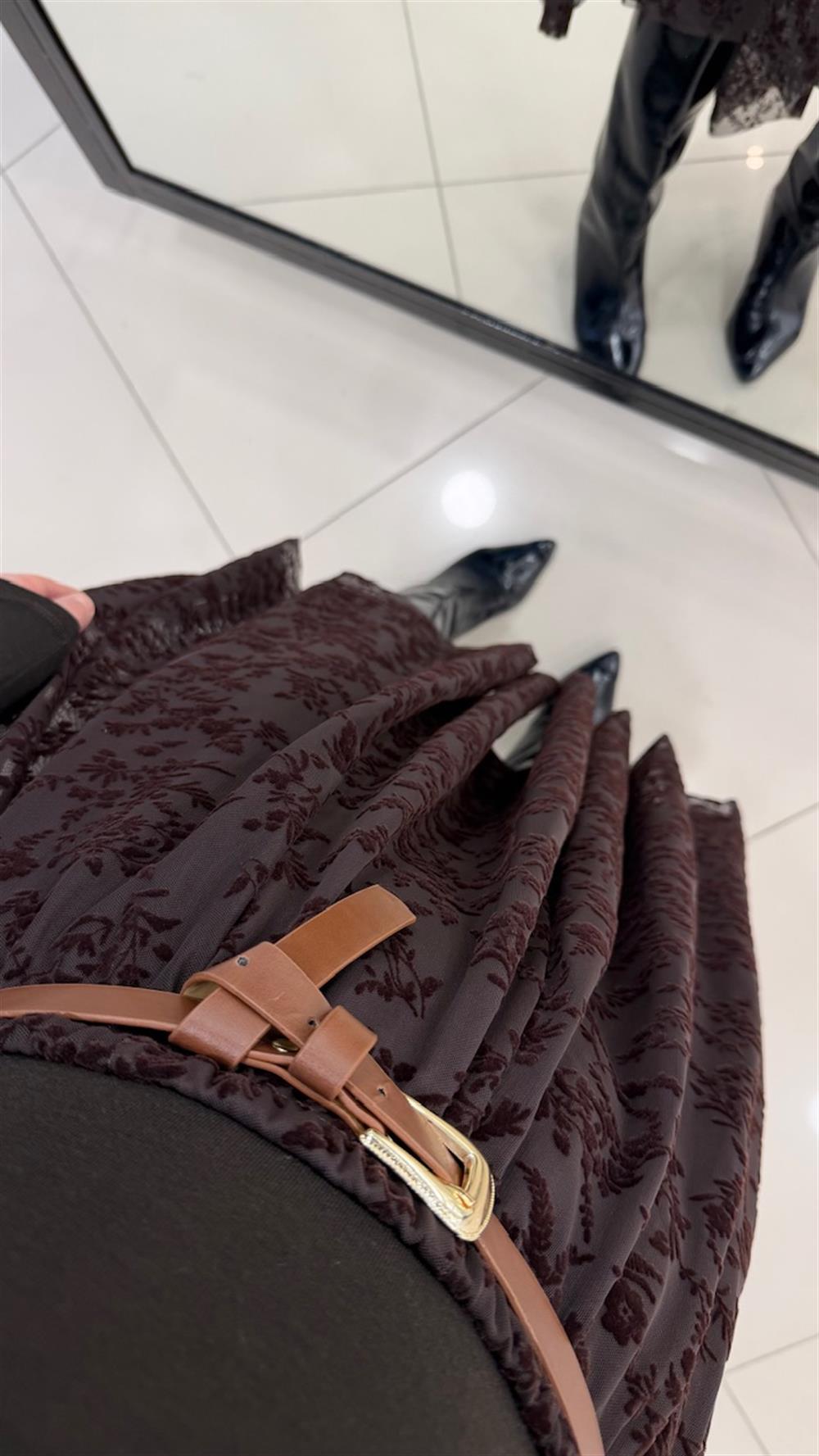 BELİ LASTİKLİ ASİMETRİK TÜL ETEK KAHVE 