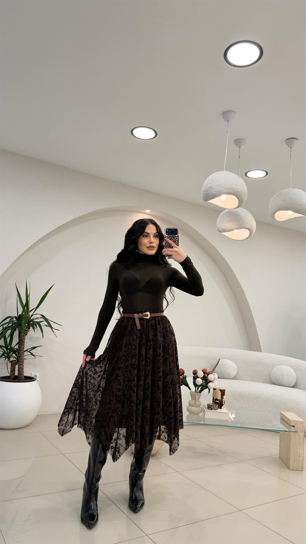 BELİ LASTİKLİ ASİMETRİK TÜL ETEK KAHVE 