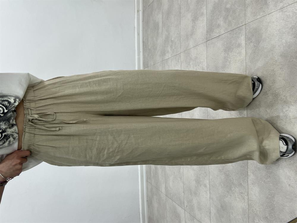 Beli̇ Lasti̇kli̇ Keten Ti̇ri̇l Pantolon Taş