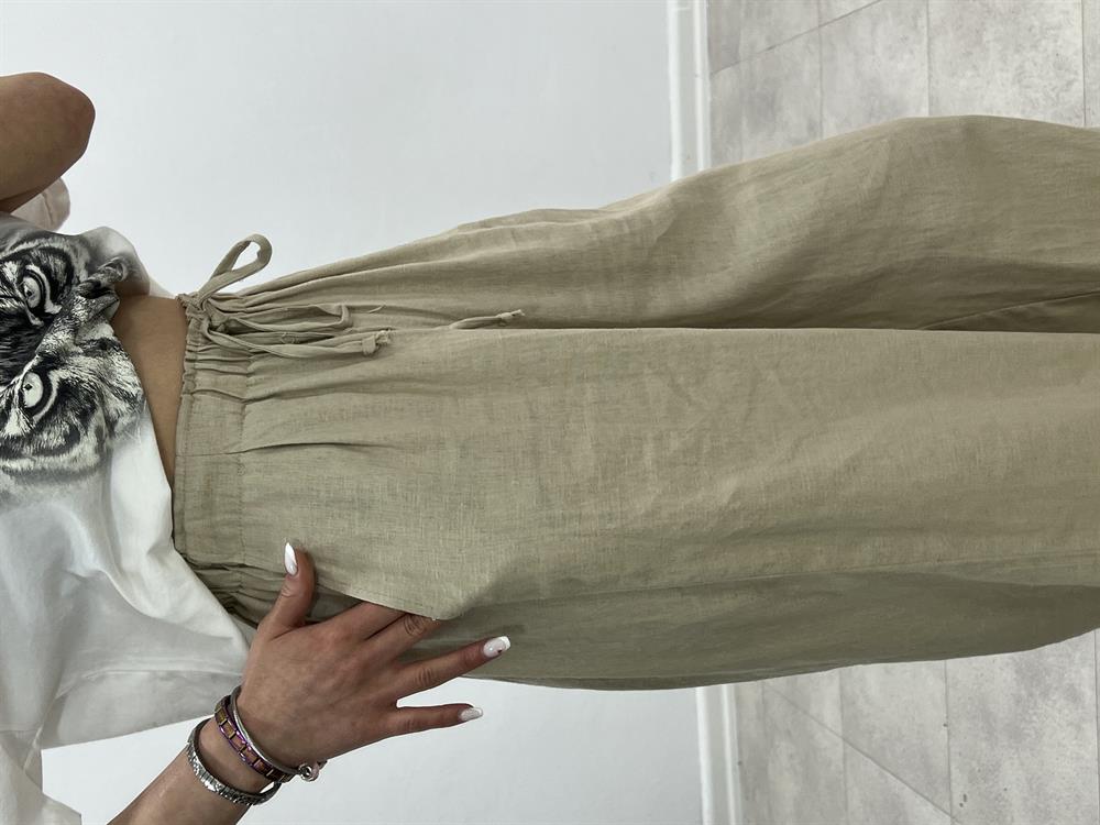 Beli̇ Lasti̇kli̇ Keten Ti̇ri̇l Pantolon Taş