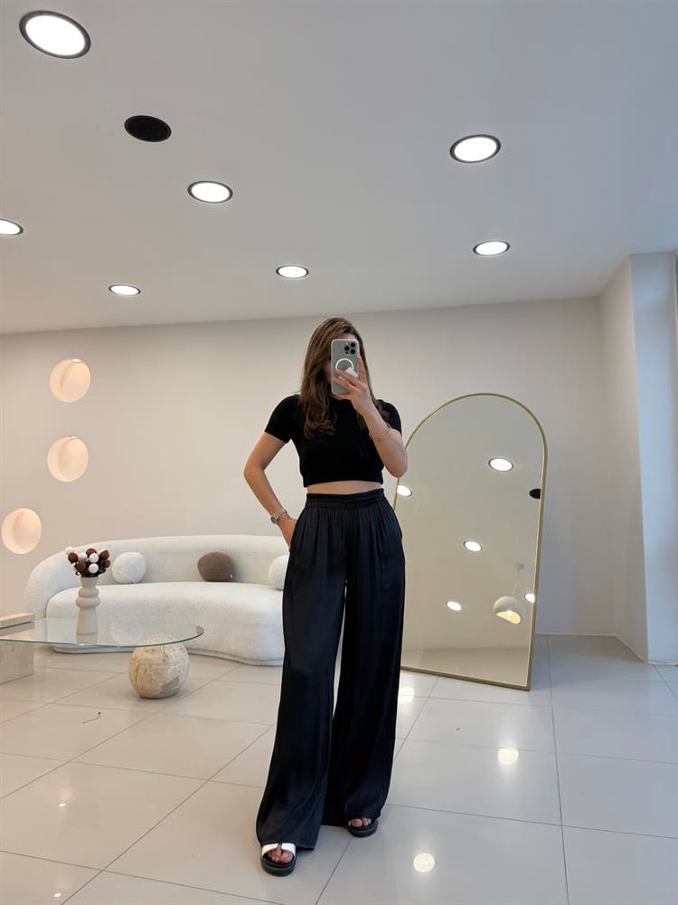 BELİ LASTİKLİ PAMUK SATEN BOL PANTOLON SİYAH