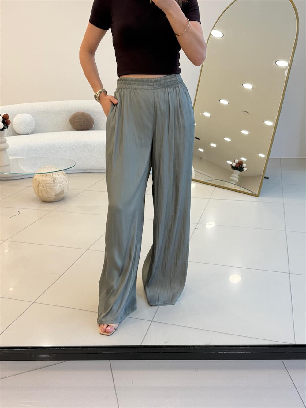 BELİ LASTİKLİ PAMUK SATEN BOL PANTOLON YEŞİL