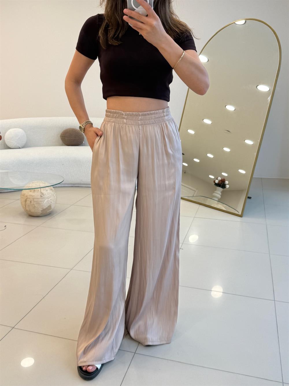 BELİ LASTİKLİ PAMUK SATEN BOL PANTOLON TAŞ