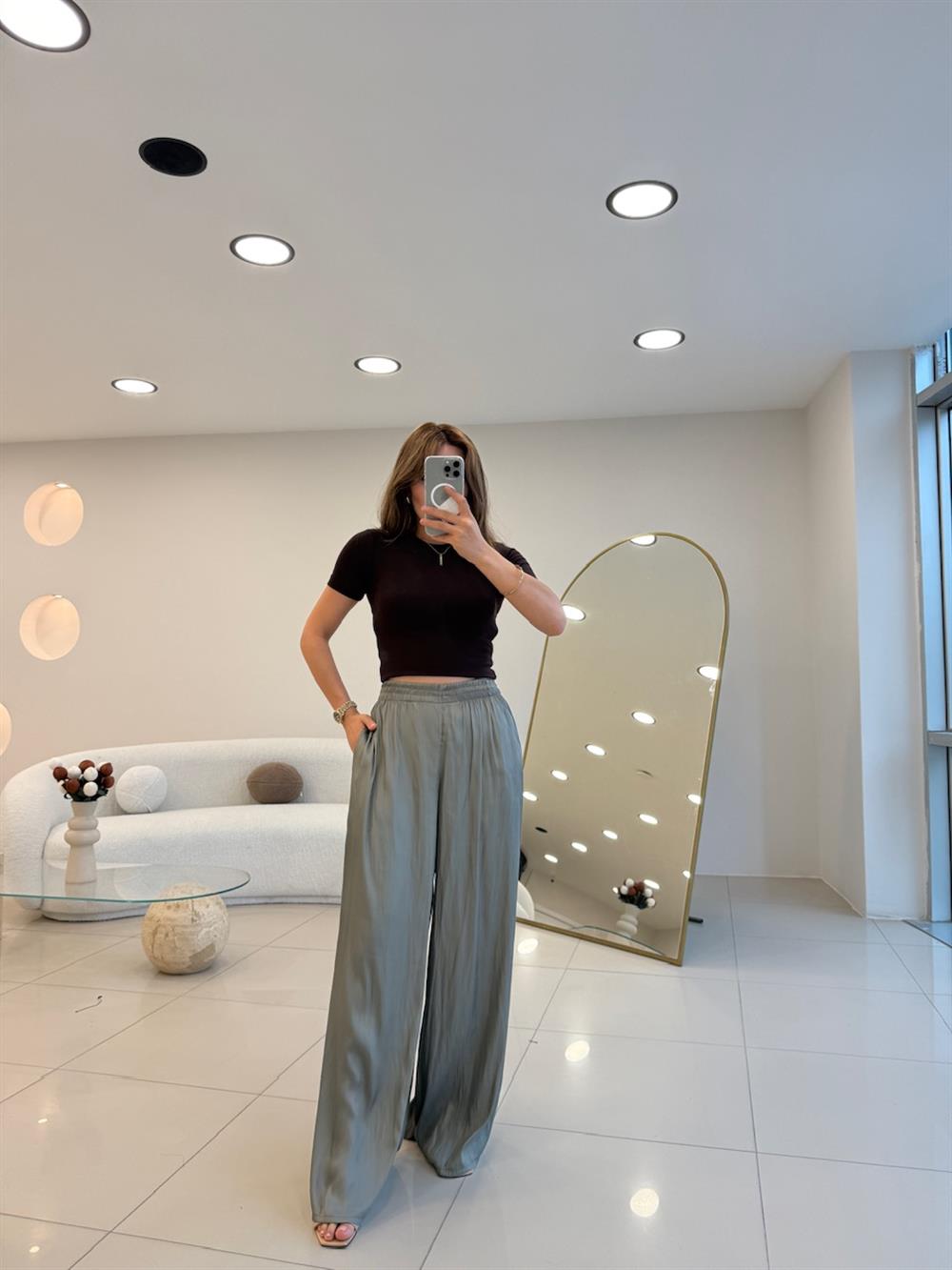 BELİ LASTİKLİ PAMUK SATEN BOL PANTOLON YEŞİL