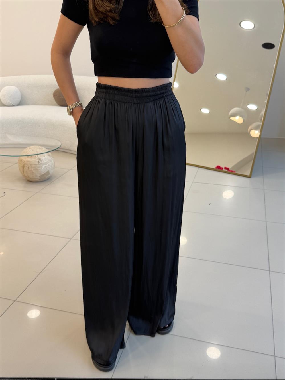 BELİ LASTİKLİ PAMUK SATEN BOL PANTOLON SİYAH