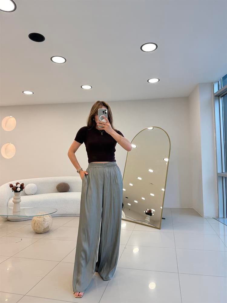 BELİ LASTİKLİ PAMUK SATEN BOL PANTOLON YEŞİL