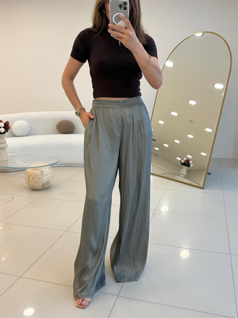 BELİ LASTİKLİ PAMUK SATEN BOL PANTOLON YEŞİL