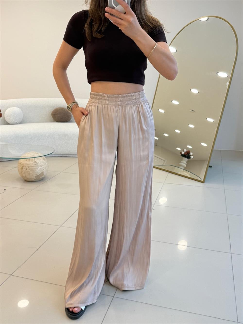 BELİ LASTİKLİ PAMUK SATEN BOL PANTOLON TAŞ