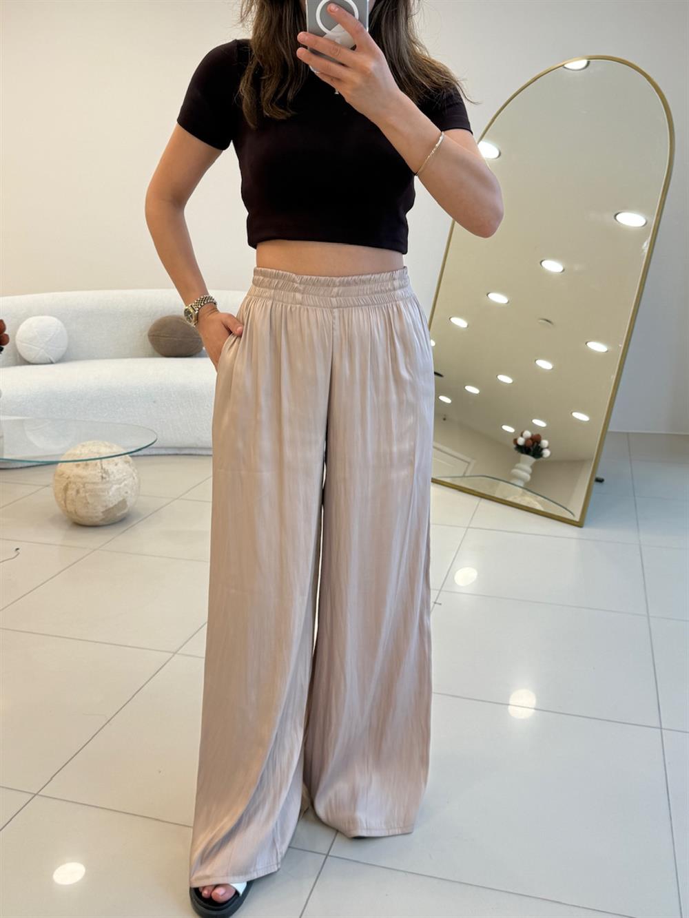 BELİ LASTİKLİ PAMUK SATEN BOL PANTOLON TAŞ