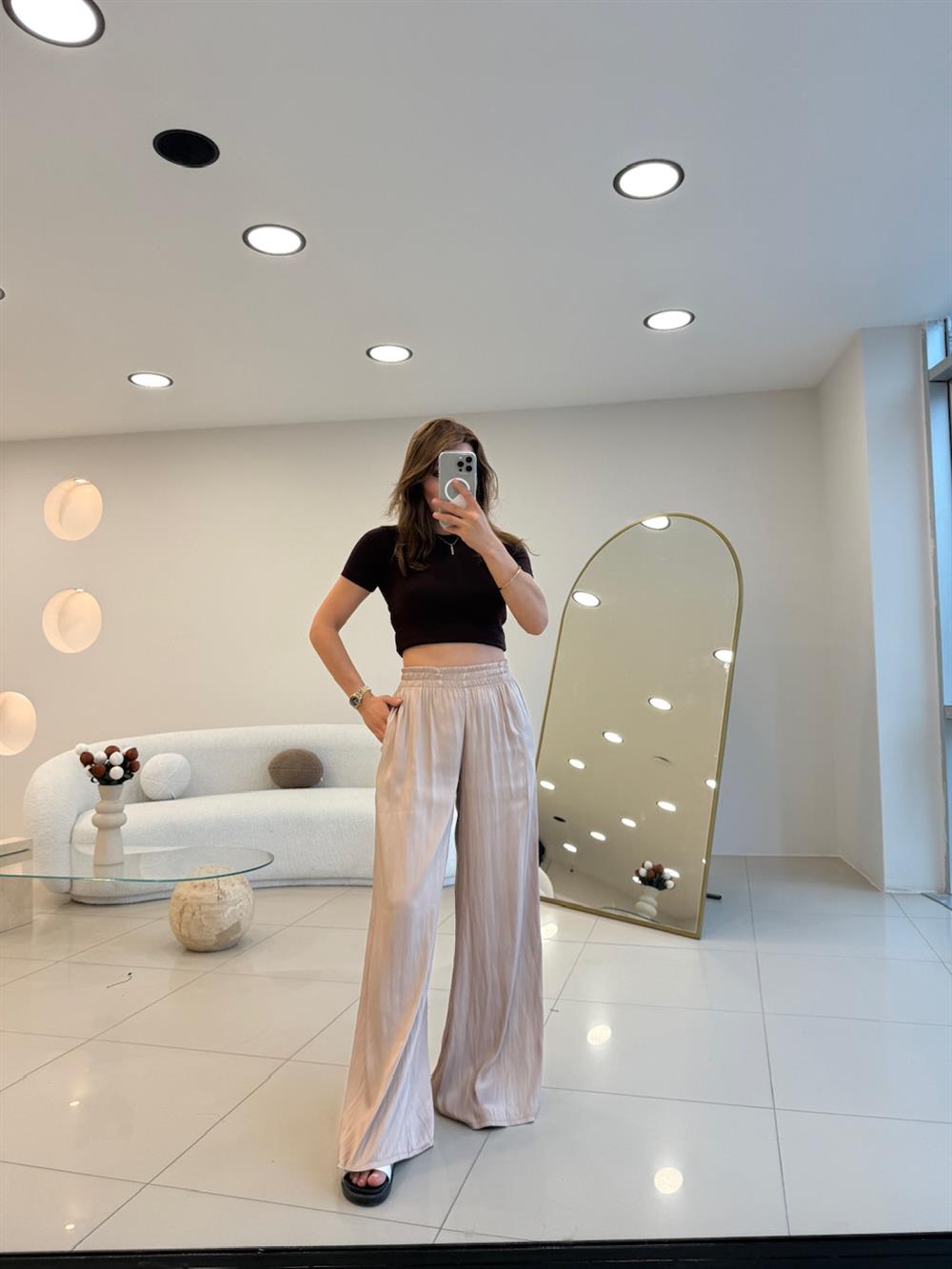 BELİ LASTİKLİ PAMUK SATEN BOL PANTOLON TAŞ