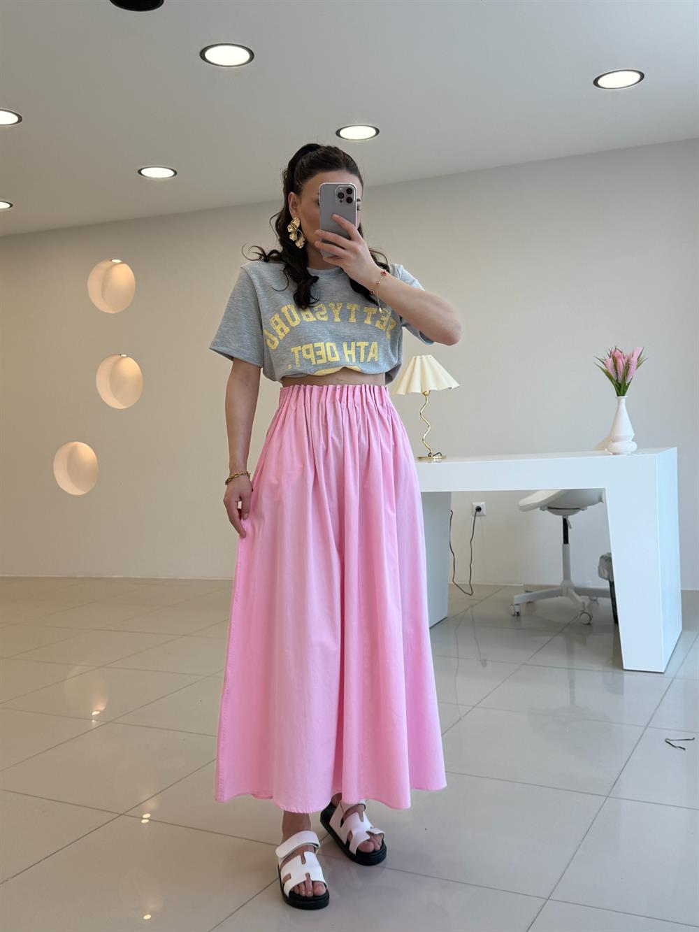 BELİ LASTİKLİ POPLİN PEMBE  ETEK 