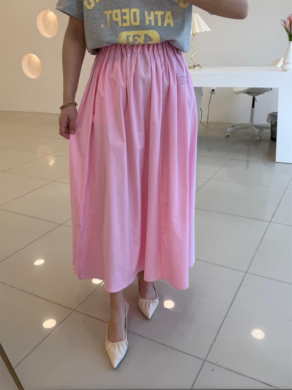 BELİ LASTİKLİ POPLİN PEMBE  ETEK 