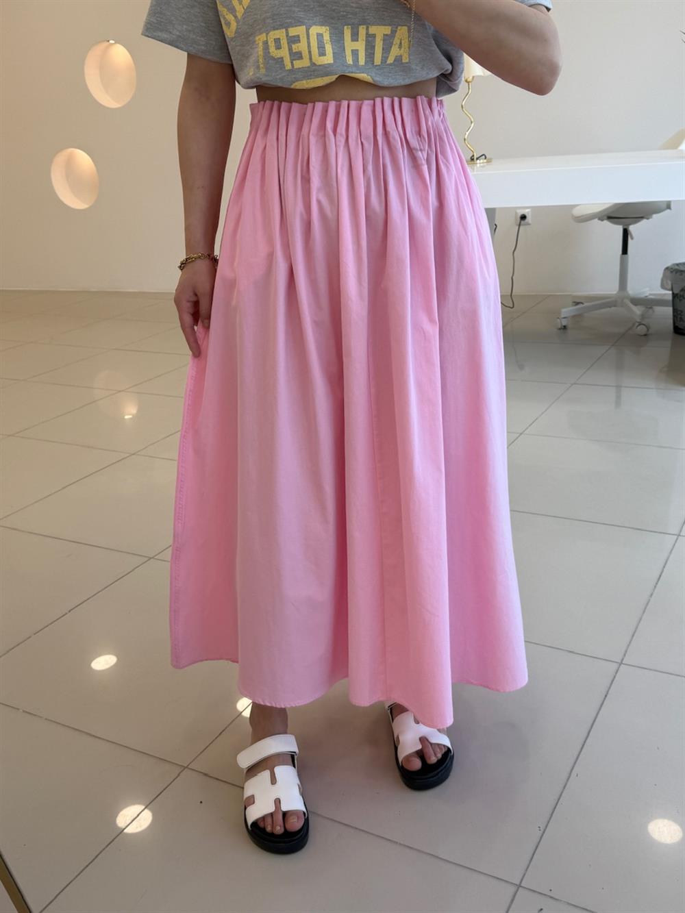 BELİ LASTİKLİ POPLİN PEMBE  ETEK 