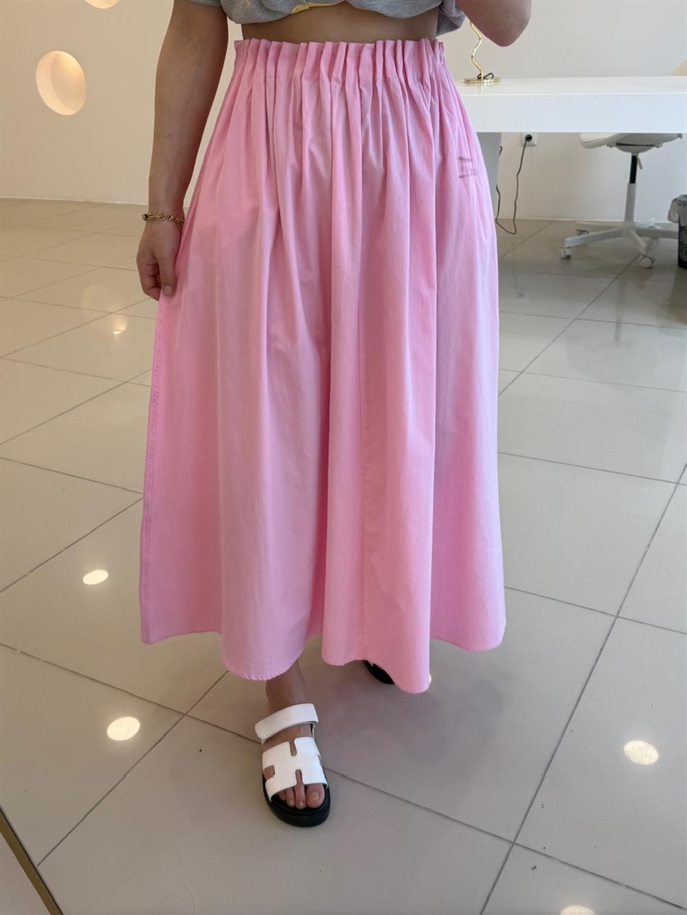BELİ LASTİKLİ POPLİN PEMBE  ETEK 