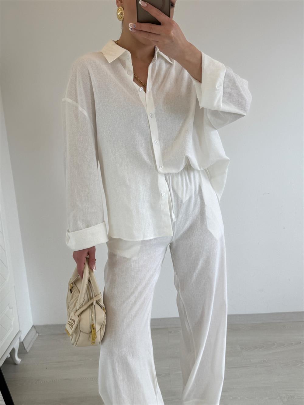 BEYAZ KETEN GÖMLEK PANTOLON TAKIM