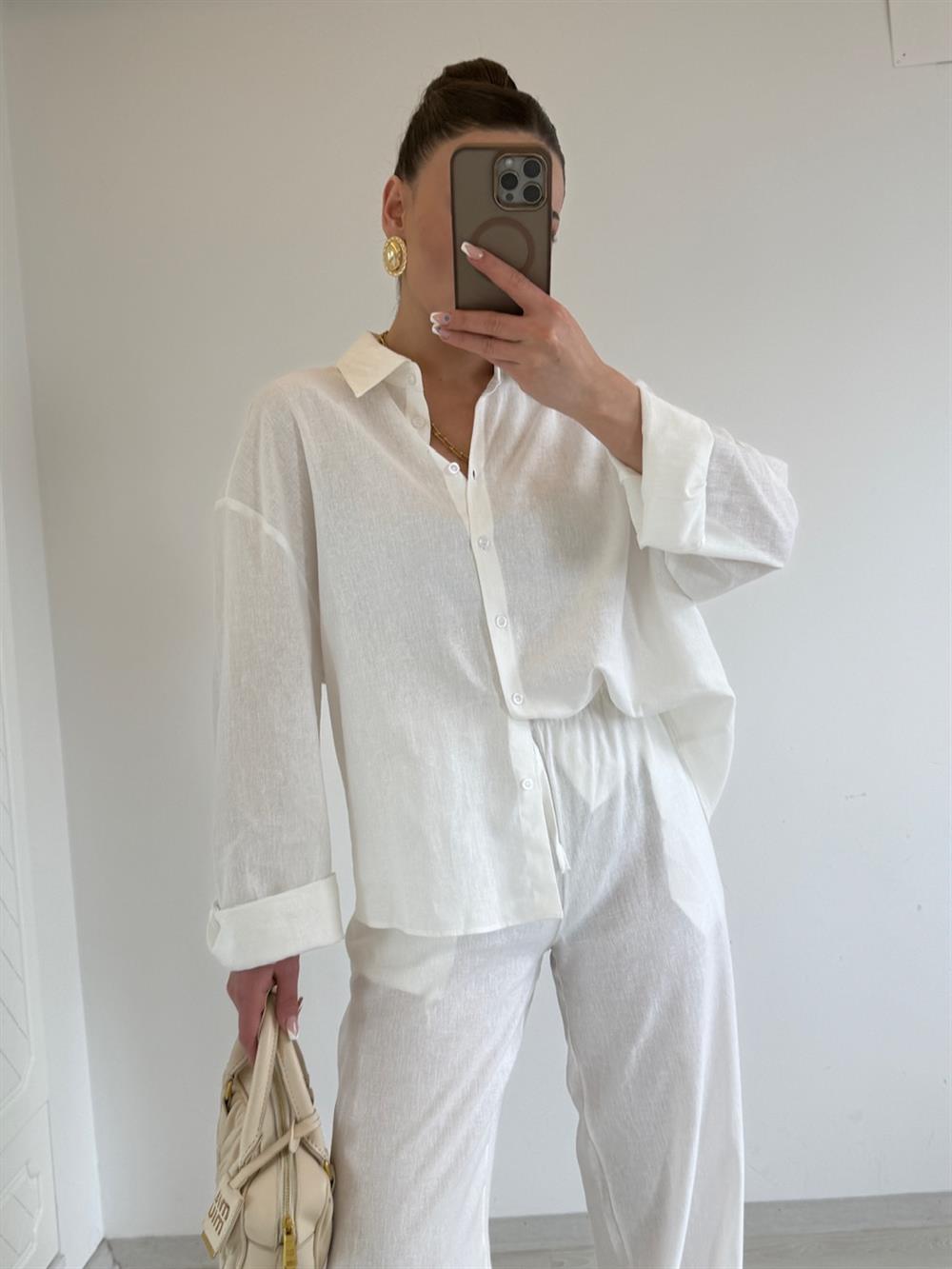 BEYAZ KETEN GÖMLEK PANTOLON TAKIM