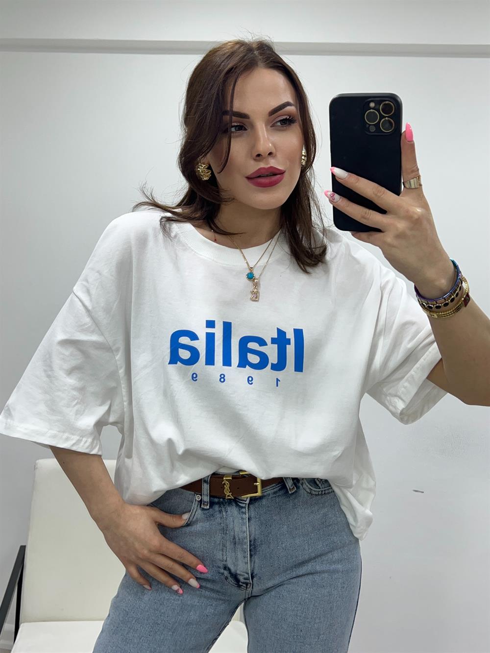Önü İtalia Yazili Tshırt Beyaz