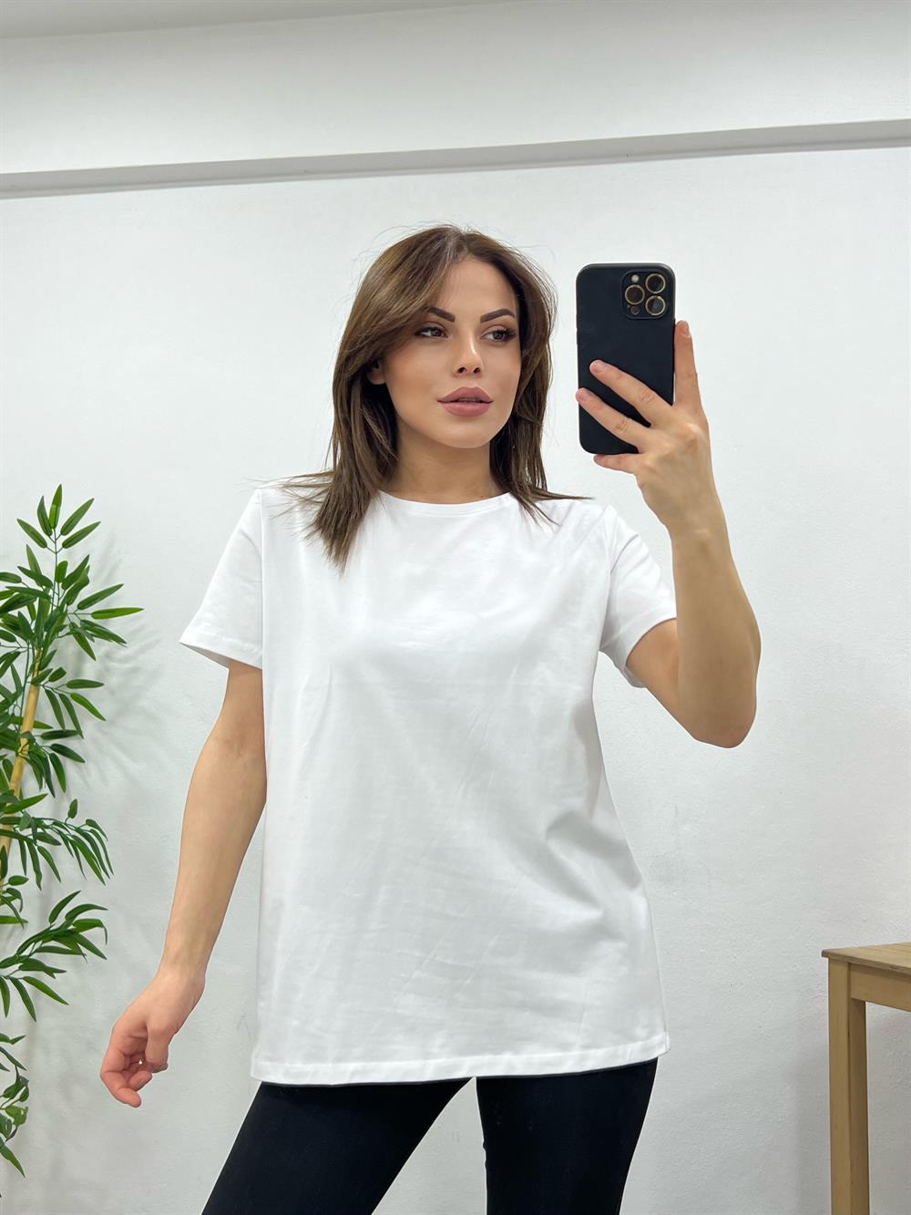 Beyaz Özel Tok Doku Basic Ti̇şört