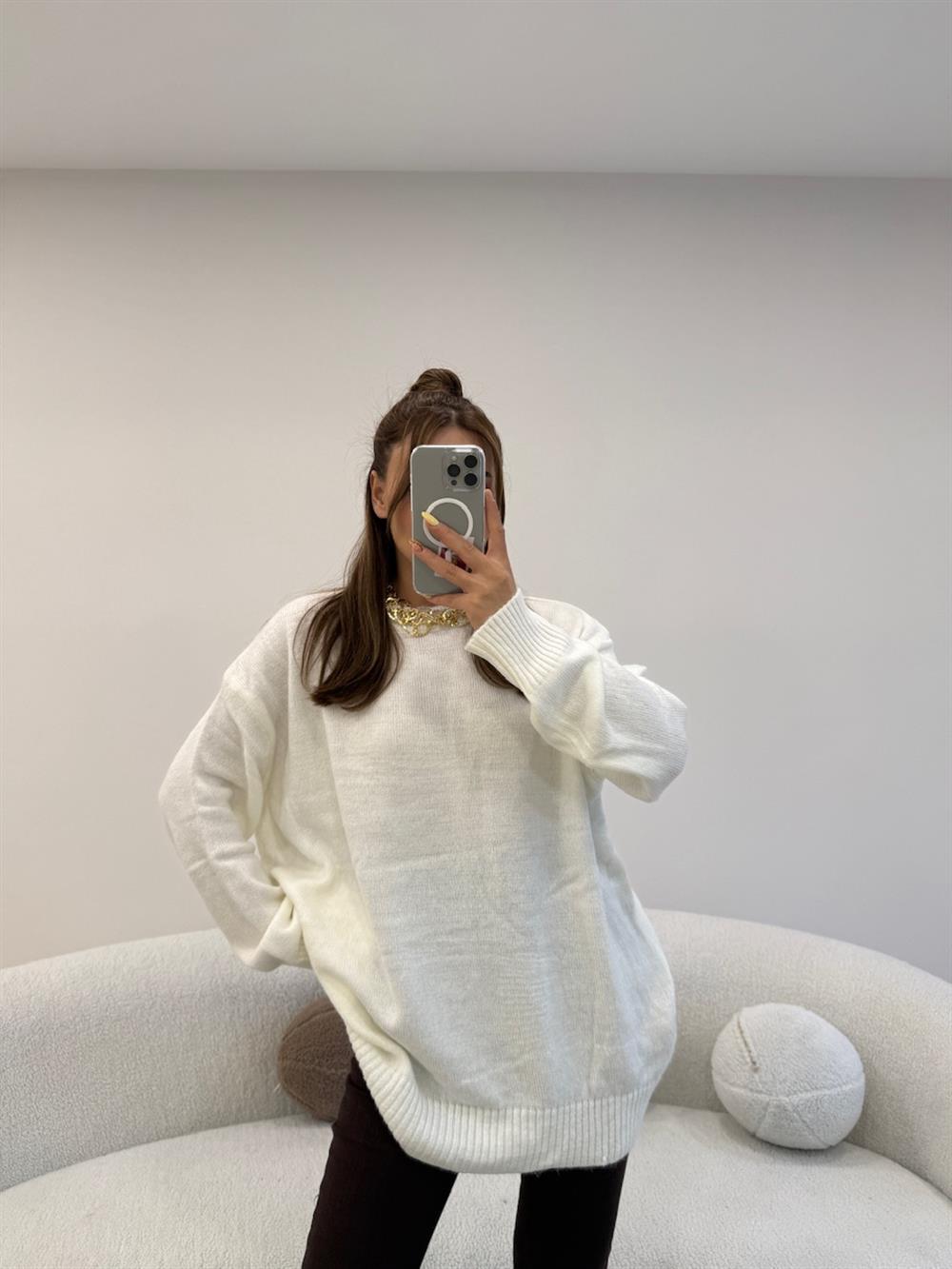 BİSİKLET YAKA BASİC KAZAK EKRU