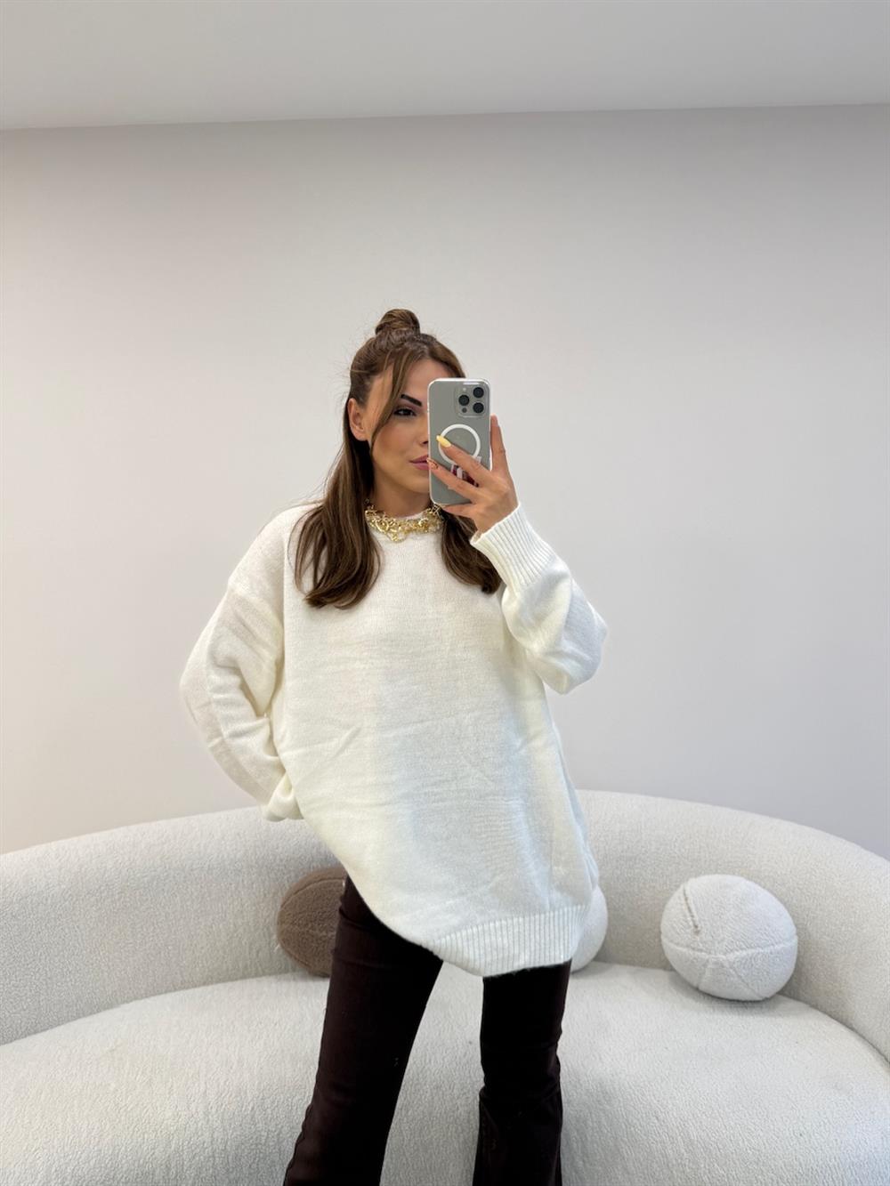 BİSİKLET YAKA BASİC KAZAK EKRU