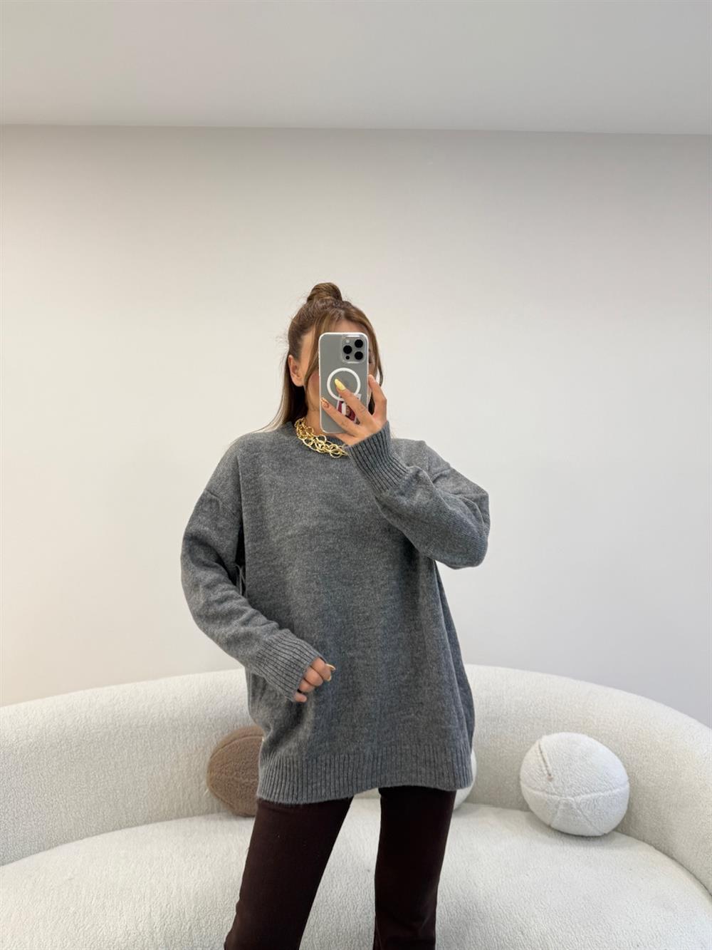 BİSİKLET YAKA BASİC KAZAK GRİ