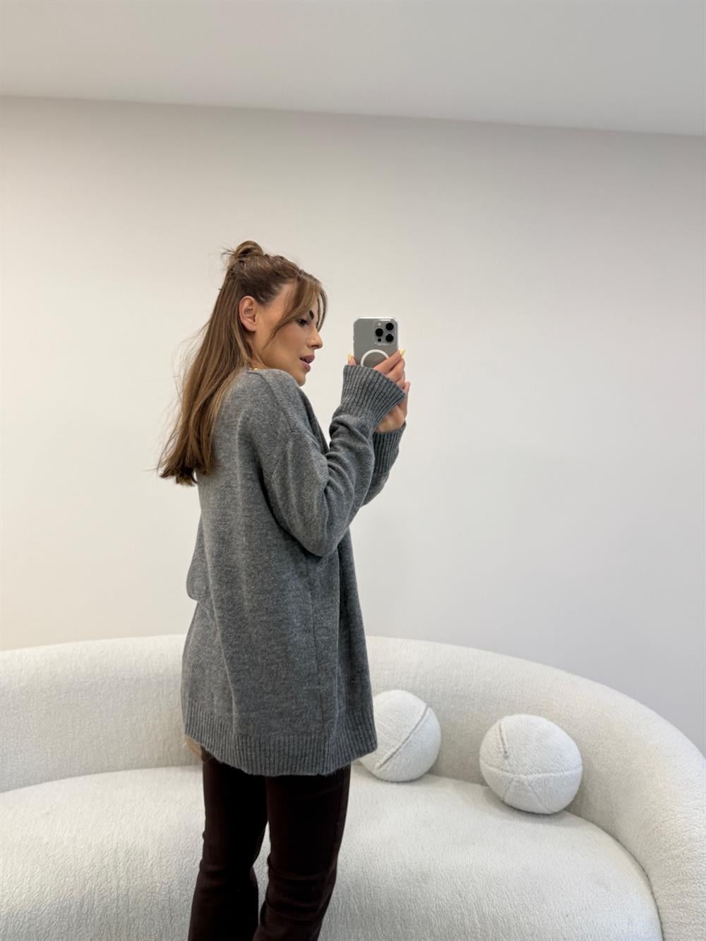 BİSİKLET YAKA BASİC KAZAK GRİ