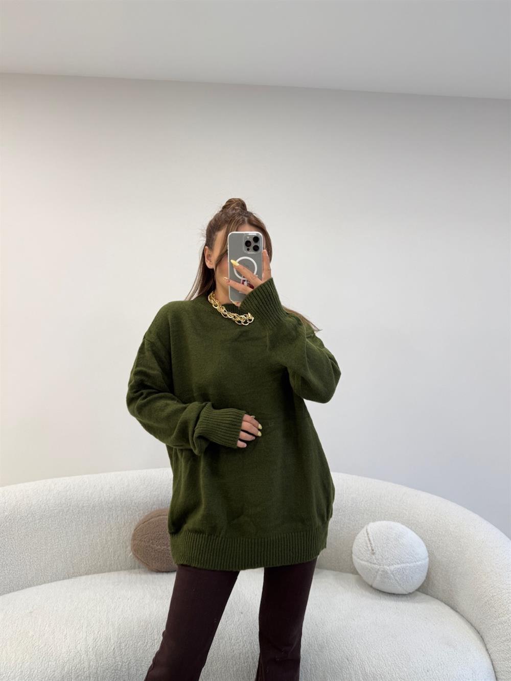 BİSİKLET YAKA BASİC KAZAK HAKİ YEŞİL