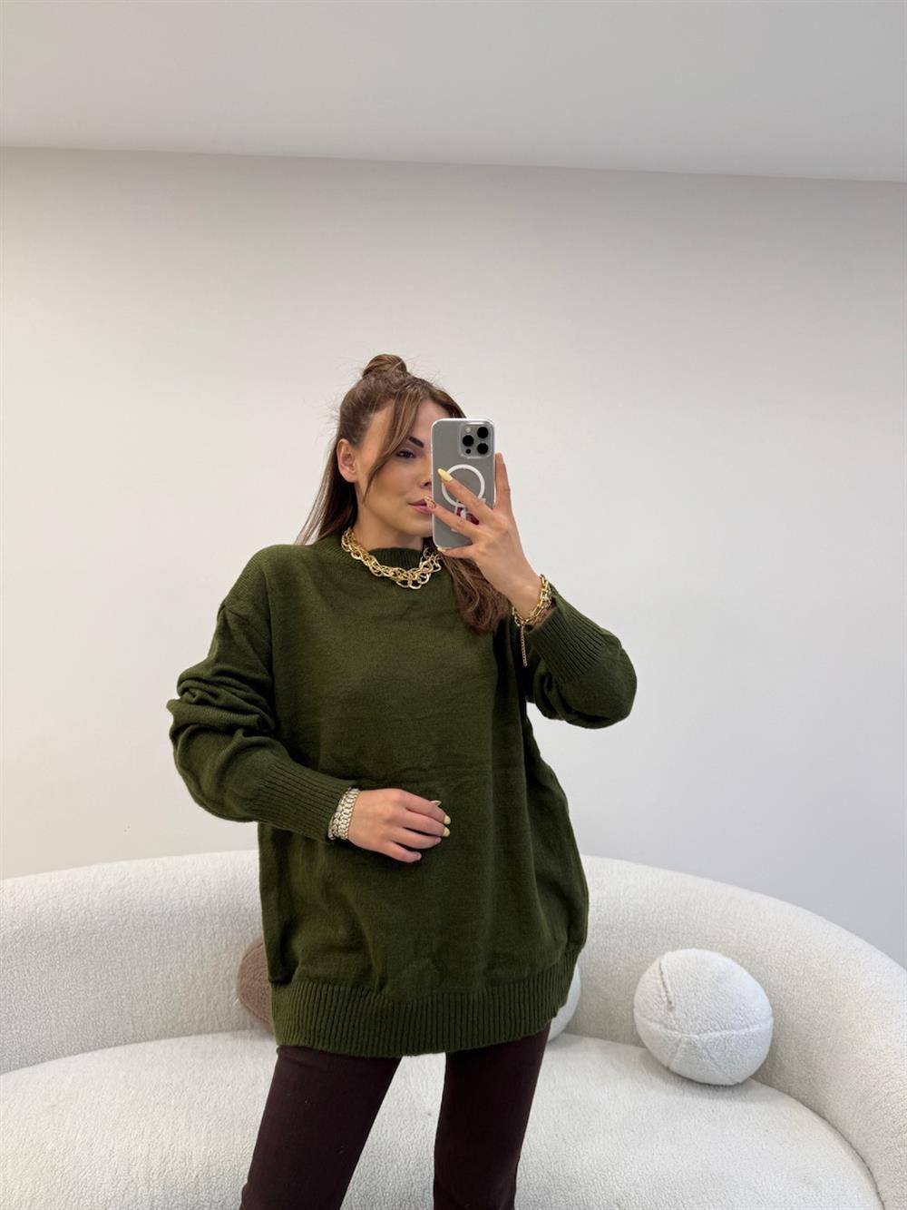 BİSİKLET YAKA BASİC KAZAK HAKİ YEŞİL