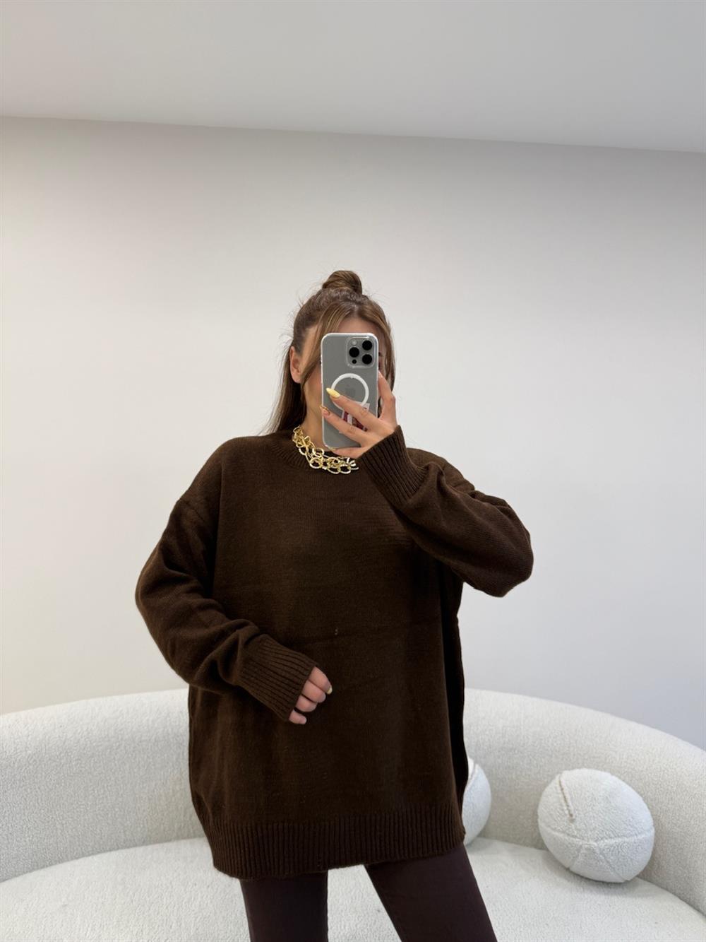 BİSİKLET YAKA BASİC KAZAK KAHVE